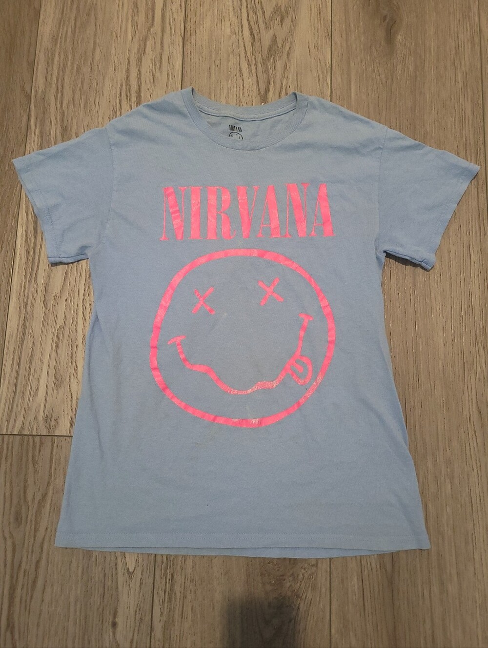 NIRVANA Light Blue Tee with Neon Pink Logo